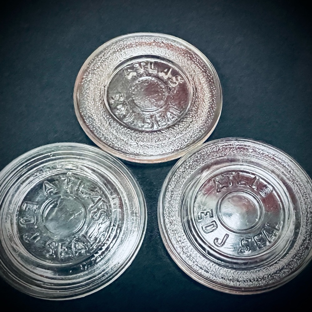 A set of 3 Vintage ATLAS EDJ SEAL Clear Glass Canning Lid 2-1/2”